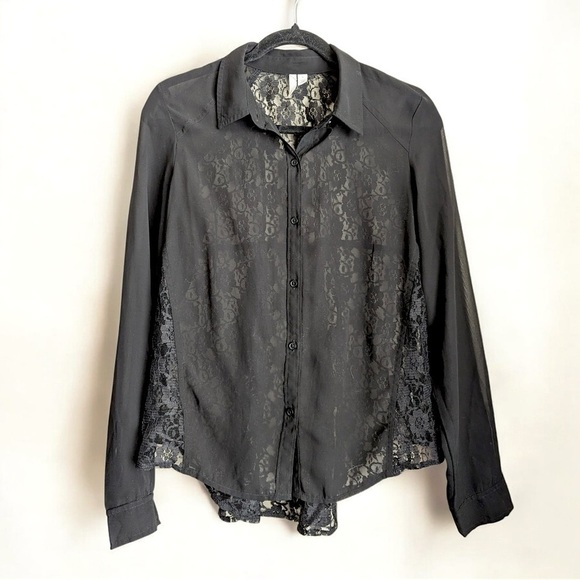Frenchi Tops - Frenchi Black Sheer Lace Button Up Blouse